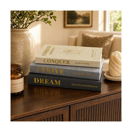 Neutral Linen Decorative Books / Gold / Set of 3