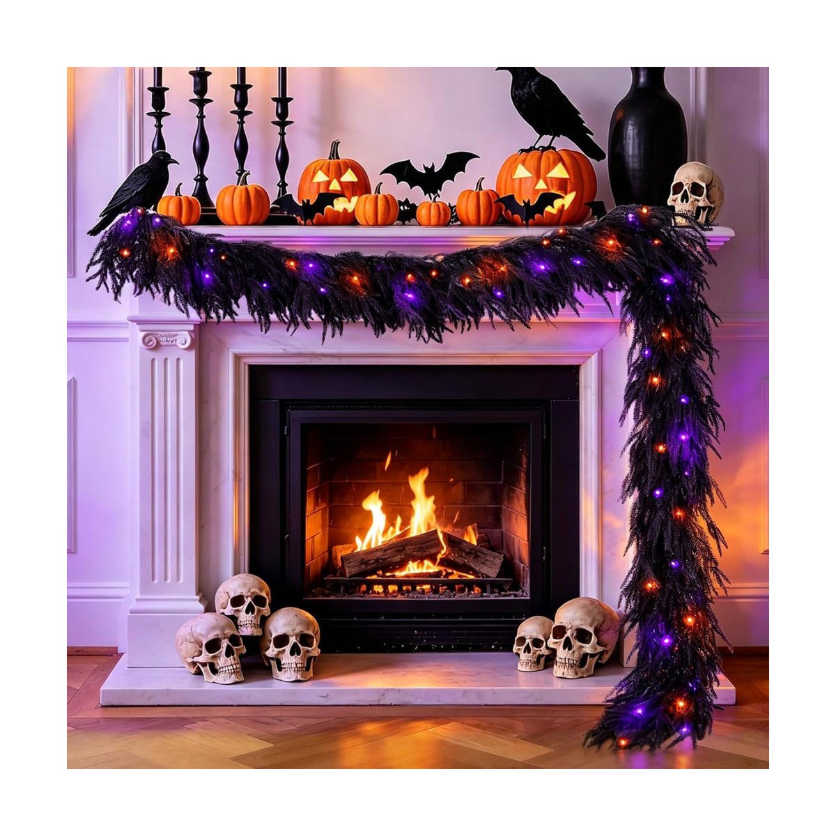 9FT Soft Touch Black Norfolk Pine Halloween Garland with Timer Lights