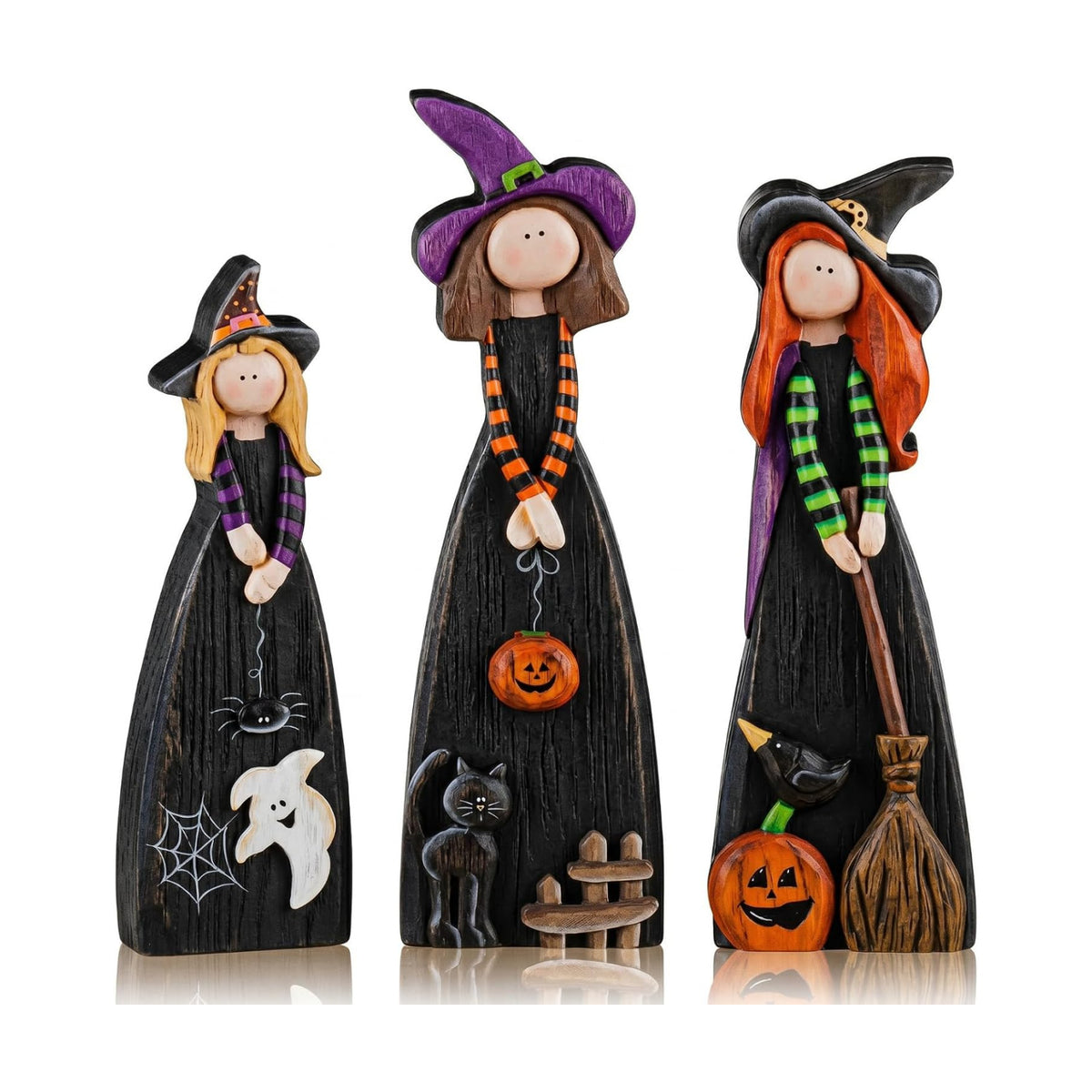 Suzile 3 Pcs Halloween Witch Table Decorations, Wooden Tabletop Figurines