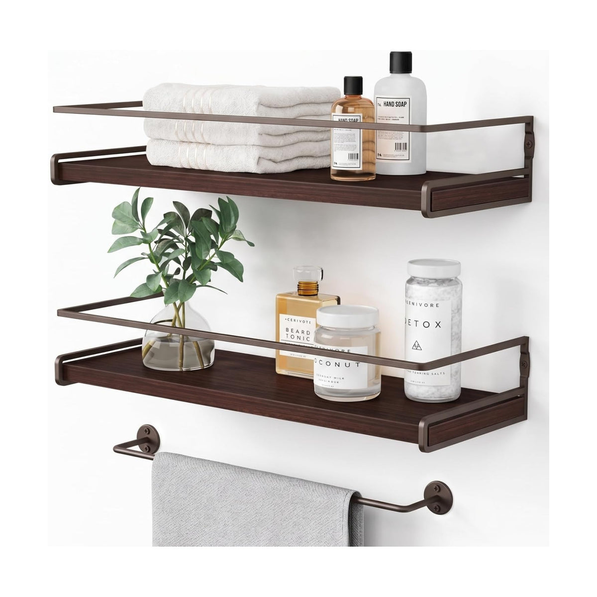 Forbena Dark Brown Kitchen Shelves Wall Mounted Set of 2, Walnut Brown Floating Kitchen Wall Shelves with Rail, Hanging