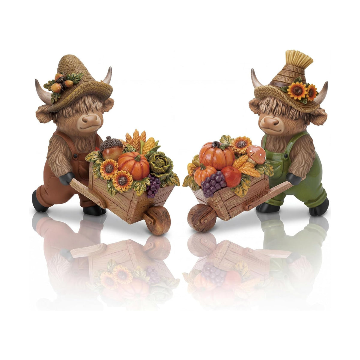 Karenhi 2 Pcs Fall Highland Cow Figurines, Harvest Wheelbarrow Decor