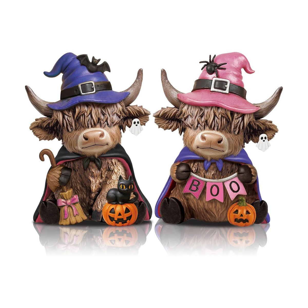 Karenhi 2 Pcs Halloween Highland Cow Figurines, Witch Hat Pumpkin Decor
