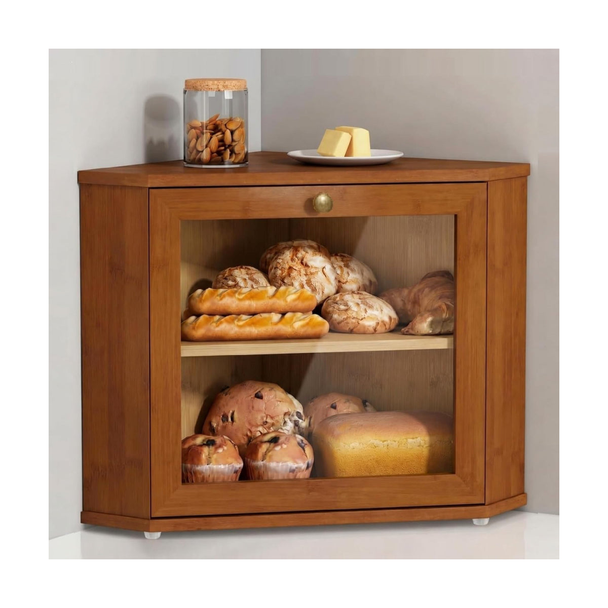 Goozii Walnut Brown Corner Bread Box for Kitchen Countertop, Double Layer Breadbox for Homemade Sourdough Bread, Dark