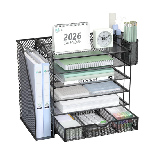 WALI Desk File Organizer, 6 Tier Desktop Paper Letter Tray Organizer with Drawer and 2 Pen Holders, Office Desk