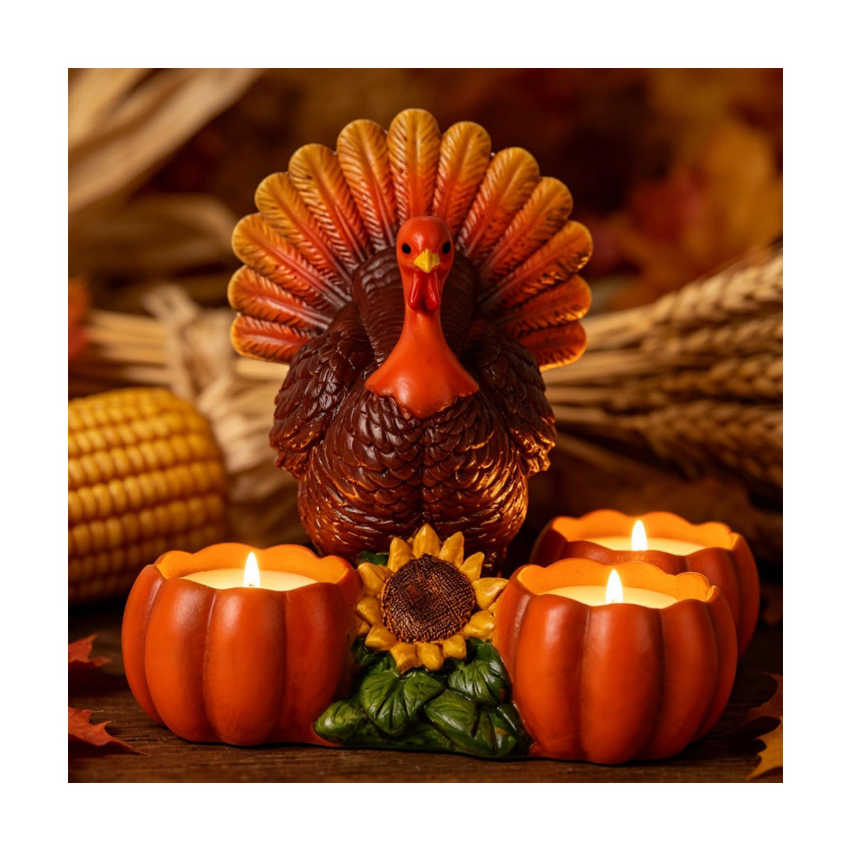 Thanksgiving Turkey Tealight Candle Holder with 3 Pumpkin