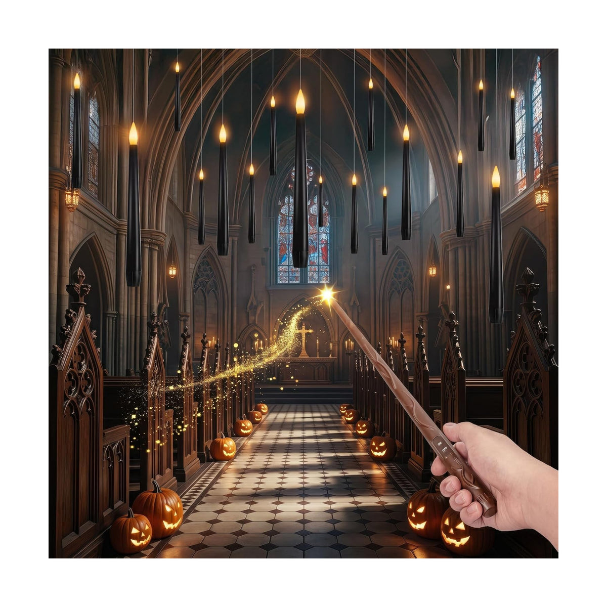 20PCS Black Floating and Hanging Flameless Taper Candles with Wand Remote, Battery Operated Gothic Halloween Candles