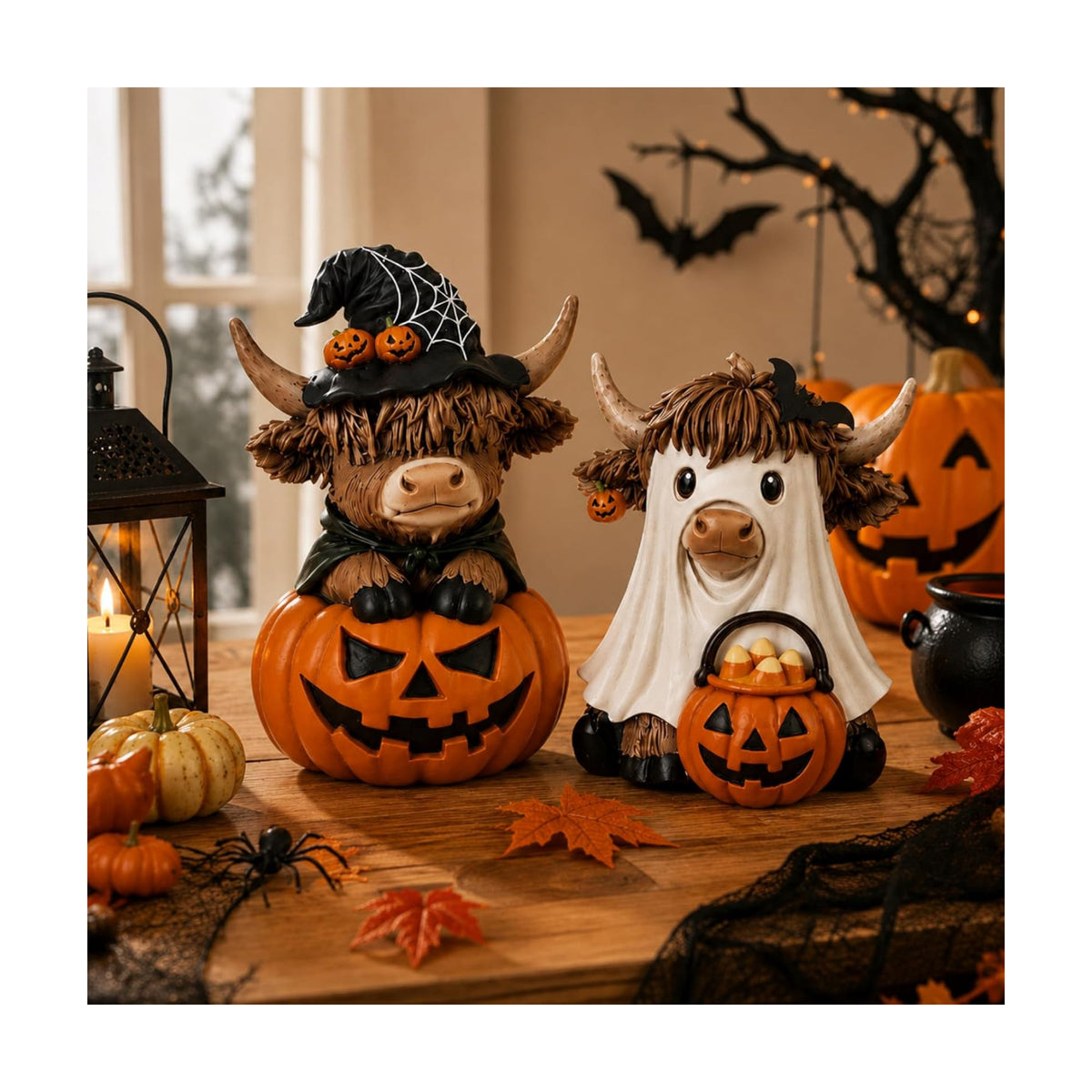 Karenhi 2 Pcs Halloween Highland Cows Figurines Resin, Pumpkin Decor