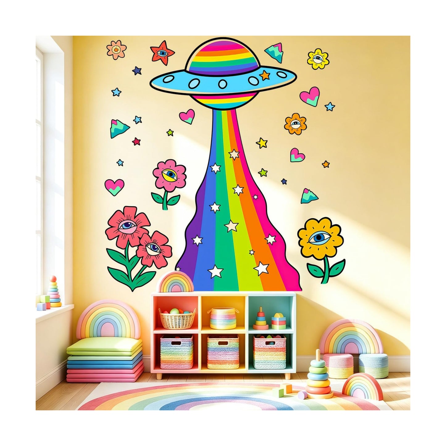 Trippy UFO Rainbow Eye Flower Peel and Stick Vinyl Wall Decals Decor Art