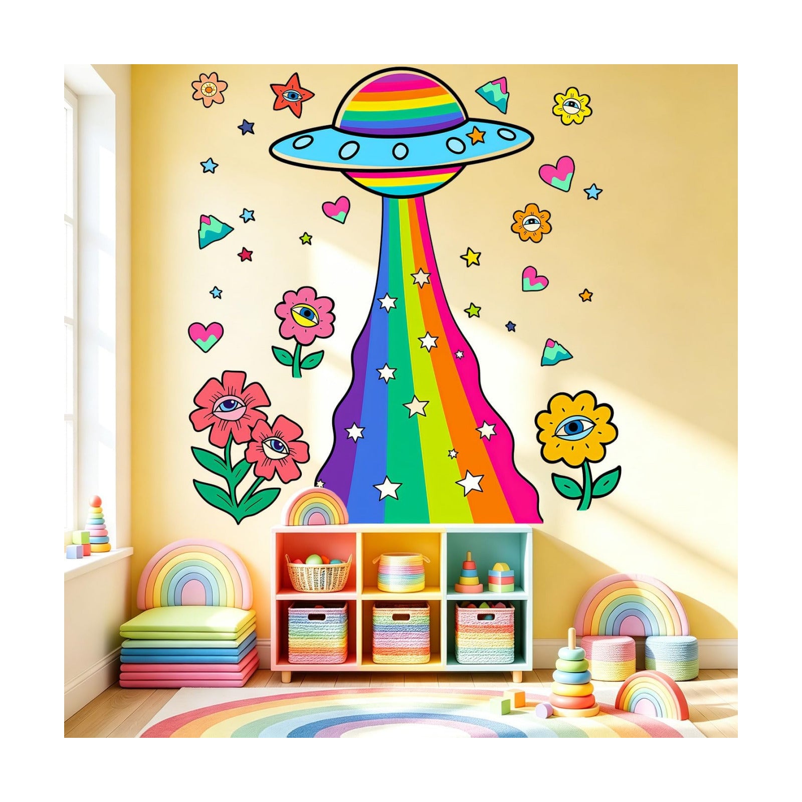 Trippy UFO Rainbow Eye Flower Peel and Stick Vinyl Wall Decals Decor Art