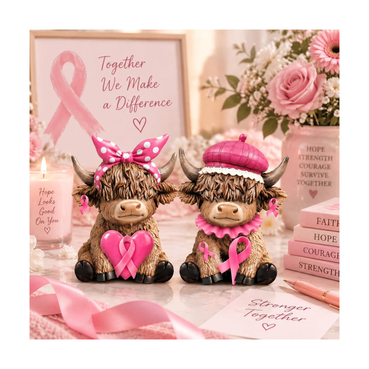 Karenhi 2 Pcs Breast Cancer Awareness Highland Cow Figurines, Pink Ribbon