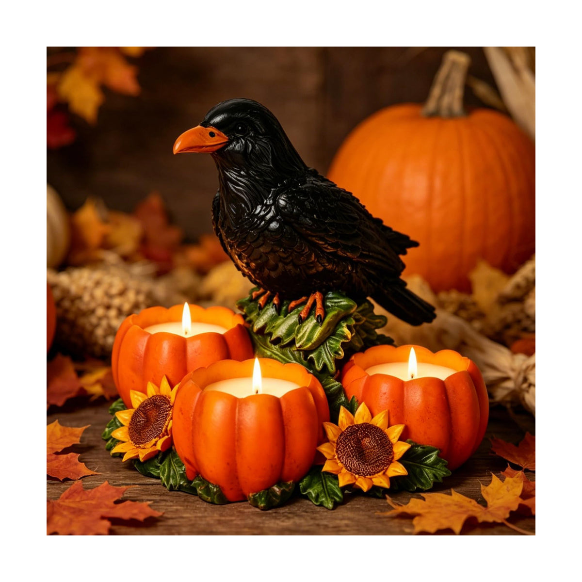 Halloween Raven Candle Holder with 3 Pumpkin Tealight Holders
