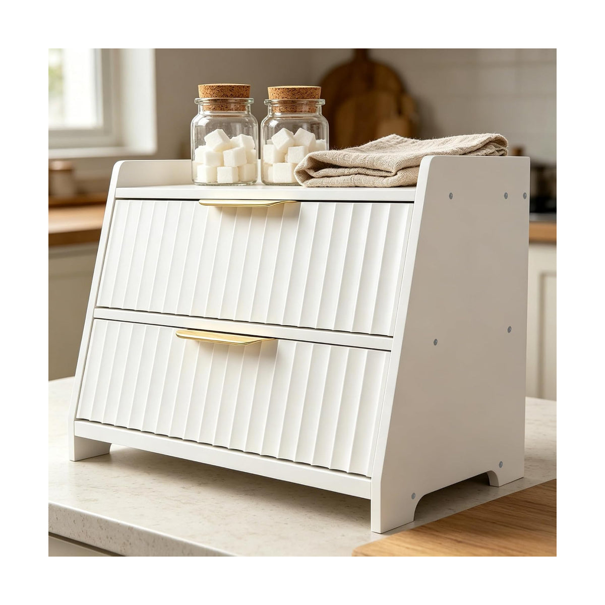 Large Bread Box, White, Double Layer Wooden | Top Shelf, Countertop Organizer Cabinet, For Bread & Coffee Station