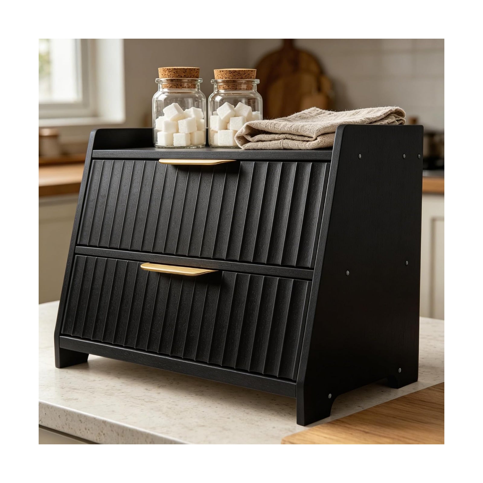 Large Bread Box for Kitchen Counter, Double Layer Wooden Bread Storage Container with Top Shelf, Countertop Organizer