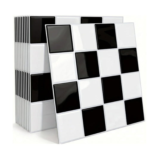 Peel and Stick Backsplash Subway Tiles / 10PC 9"L x 9"W / Checkered 1 / Black