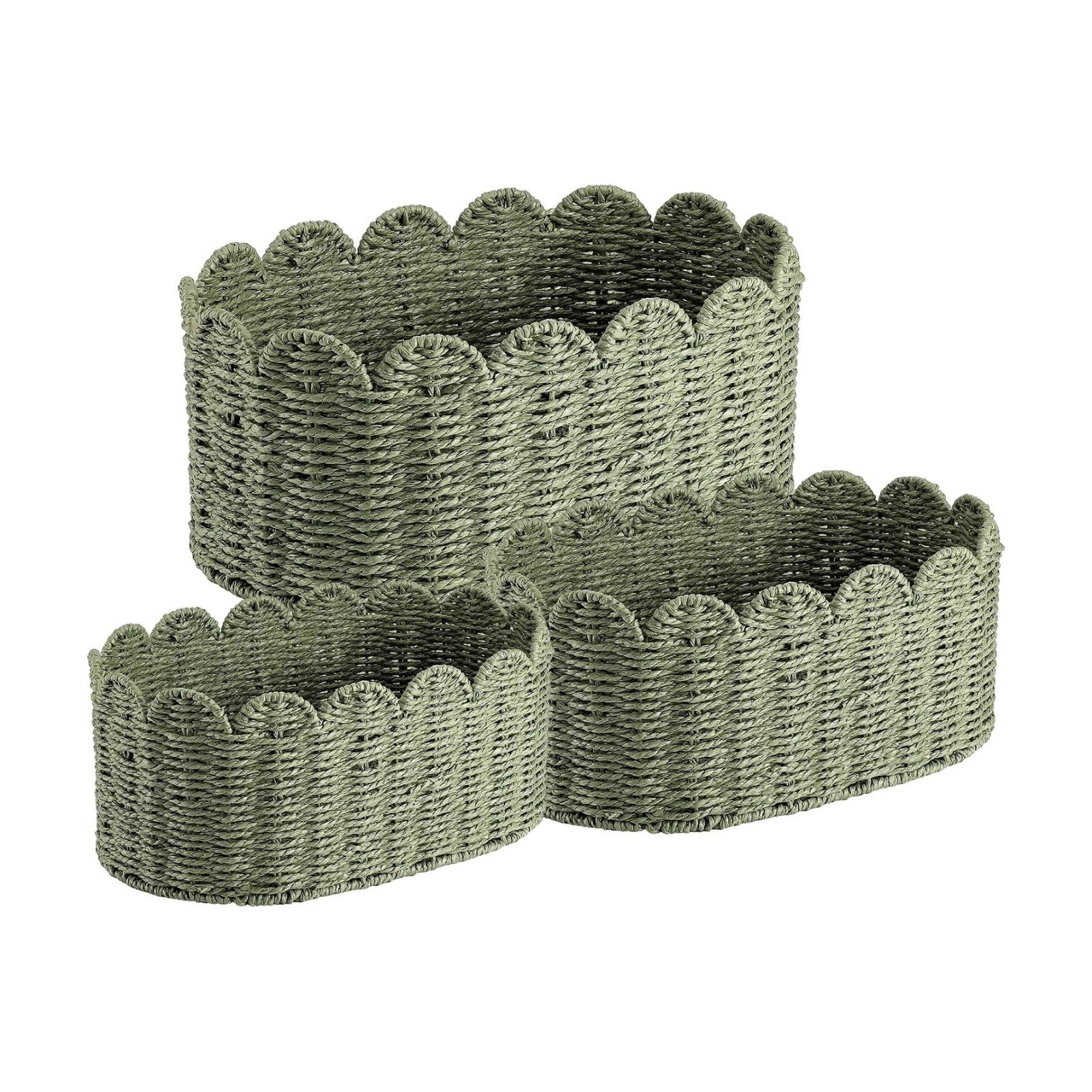 Scalloped Baskets for Organizing Paper Rope Storage Baskets Shelves / Sage Green / Set of 3