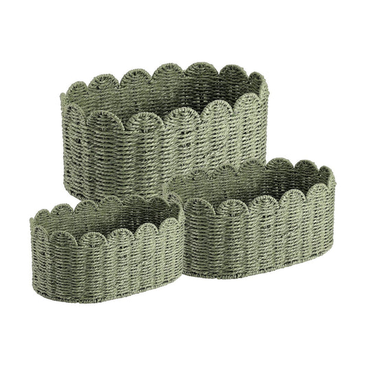 Scalloped Baskets for Organizing Paper Rope Storage Baskets Shelves / Sage Green / Set of 3