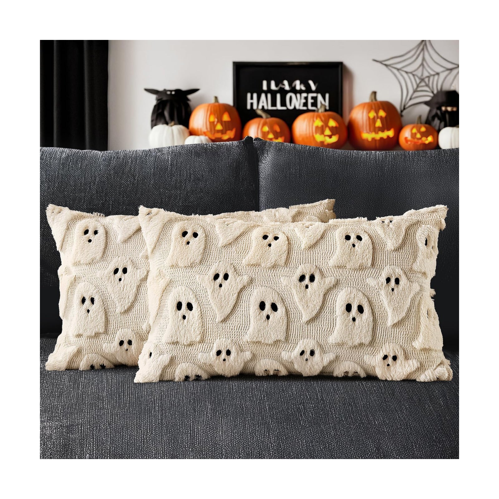 MIULEE Beige Halloween Lumbar Pillow Covers Cute Ghost Decor 12x20