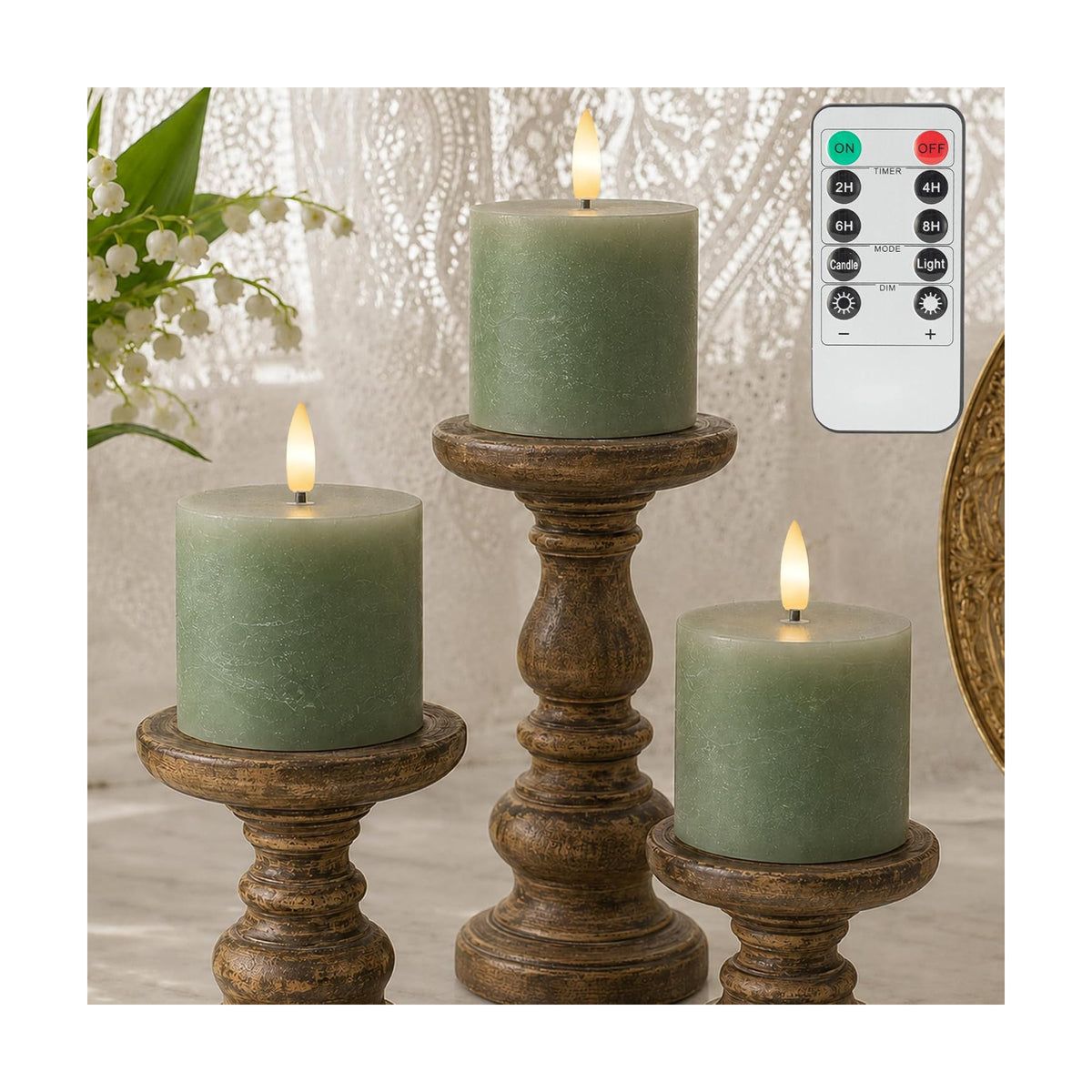 Olive Green Flameless Pillar Candles, 3 x 3 Inch, 3 Pack with Remote | Battery operated candles with remote and timer