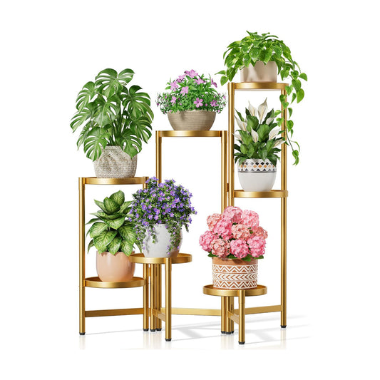 Stand Plants Gold, 7 Tiered Corner Plant Stand Indoor Outdoor, Tall Folding Rack with Rust Proof 7.9 Inch Wide Tray