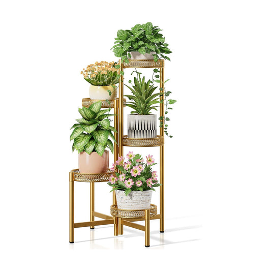 Gold Plant Stand Indoor Outdoor, 5 Tier Corner Flower Display Holder Stand, Folding Tall Plant Rack for Patio Balcony