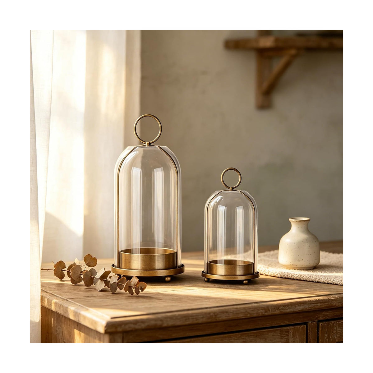 Metal Candle Holder,Hurricane Glass Candle Holders,Brass Base Dome Glass | 5""&4"" Handmade Pillar Candle Glass