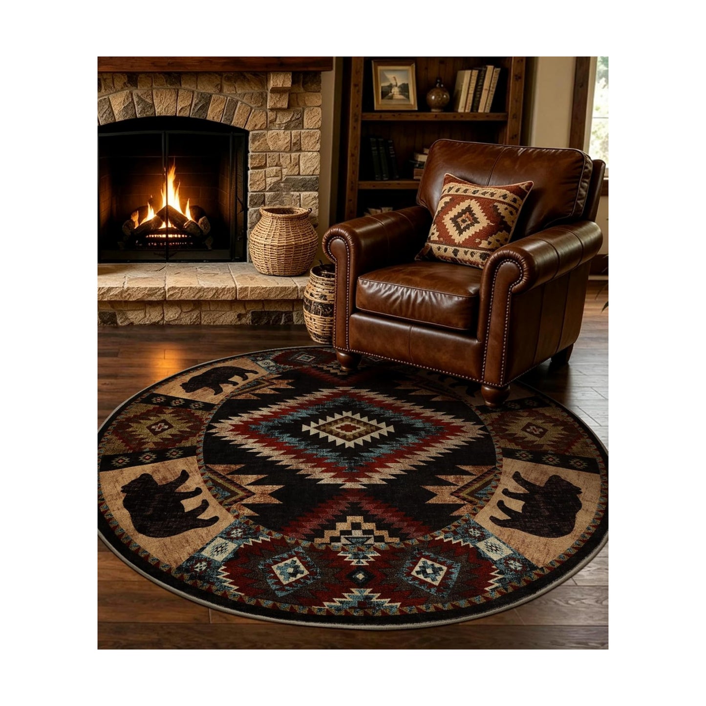YIHOUSE Washable Western Cabin Round Rug, 4ft