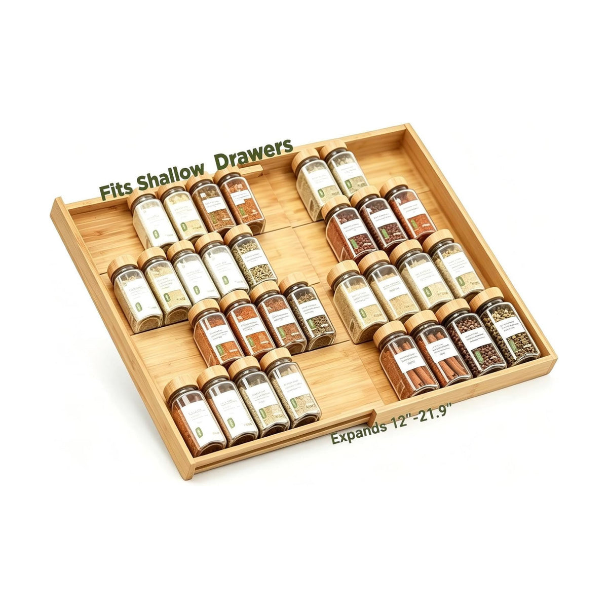 Bamboo Spice Drawer Organizer Expandable(Fits 2.6" Deep or Deeper Drawers), 4-Tier Spice Rack Drawer Insert for Kitchen