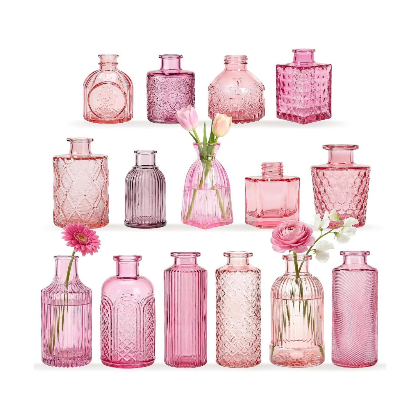 Pink Glass Bud Vases / Pink Series / Set of 15