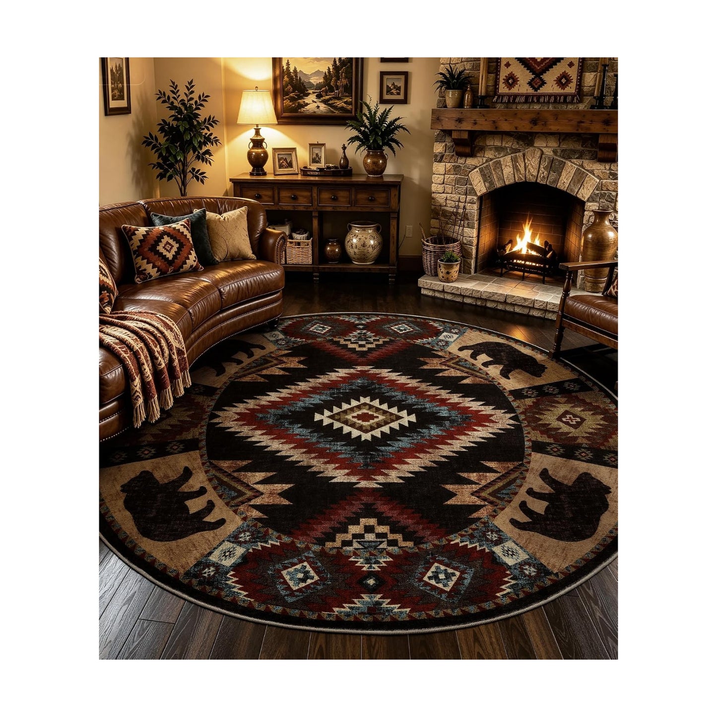 YIHOUSE Washable Western Cabin Round Rug, 6ft
