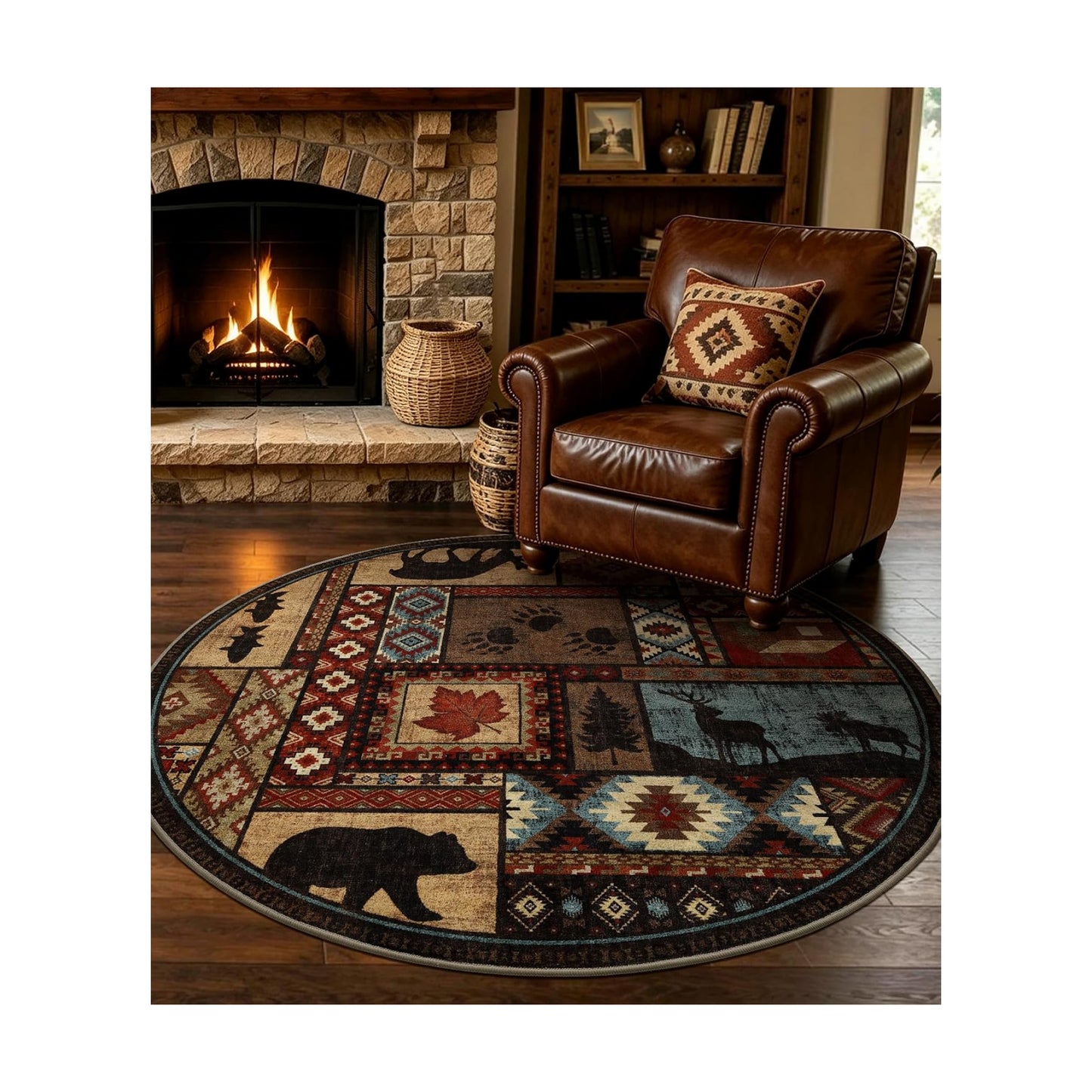 YIHOUSE Washable Rustic Cabin Round Rug, 4ft