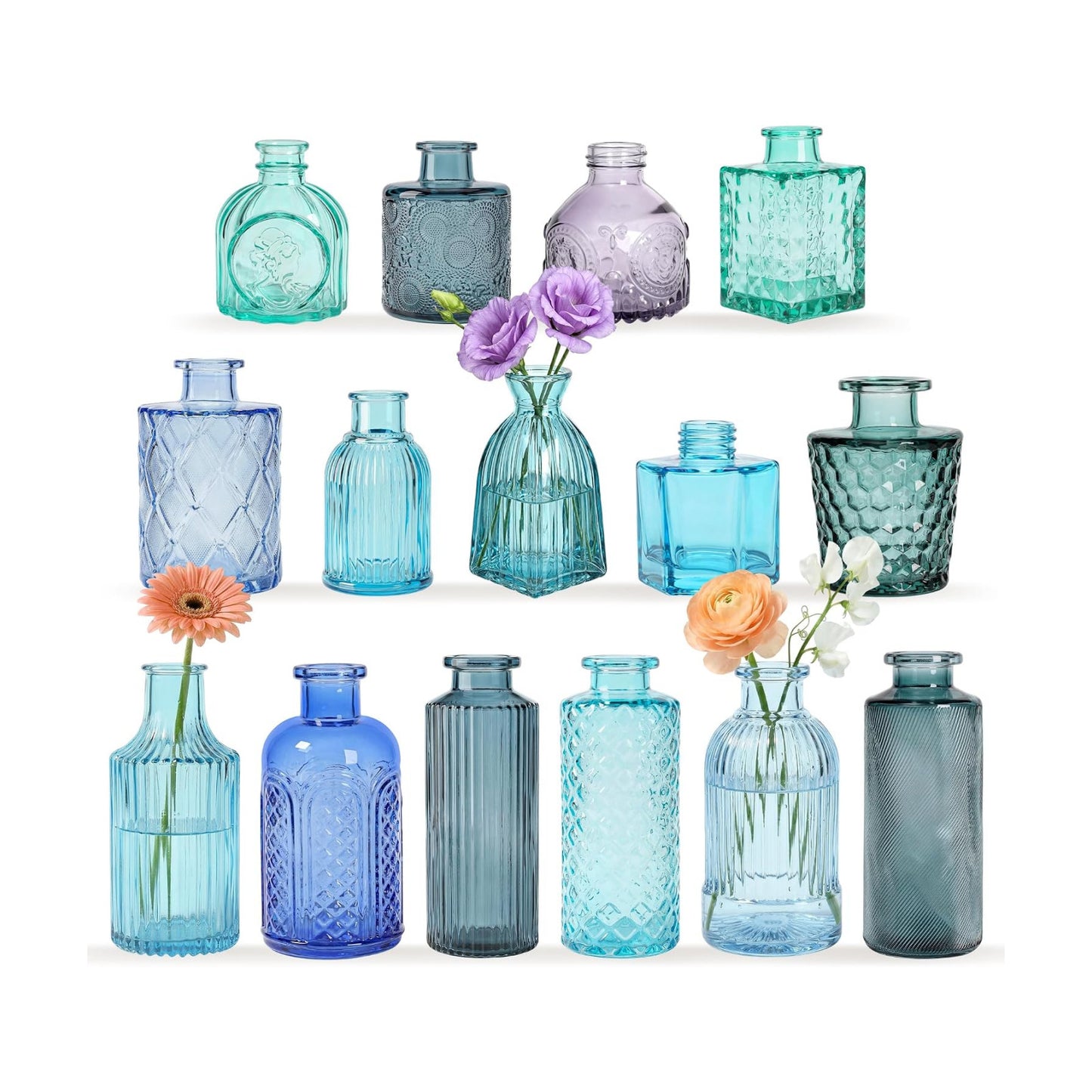 Blue Glass Bud Vases / Blue Series / Set of 15