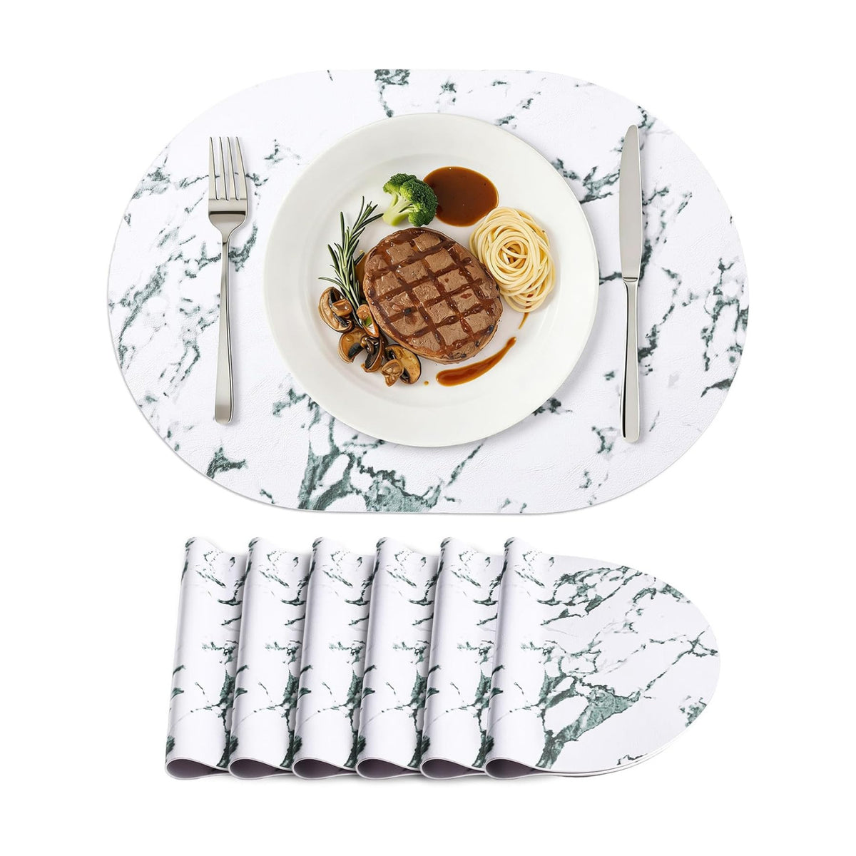 Placemats Set of 6, 11.8 x 17 Inch, Marble | Heat Resistant Oval Faux Leather Place Mats, Waterproof Wipeable