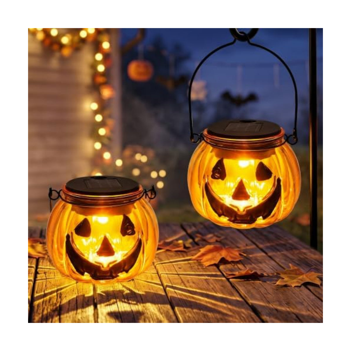 Brizled Halloween Pumpkin Solar Lantern, 2 Pack Glass Hanging Light Outdoor
