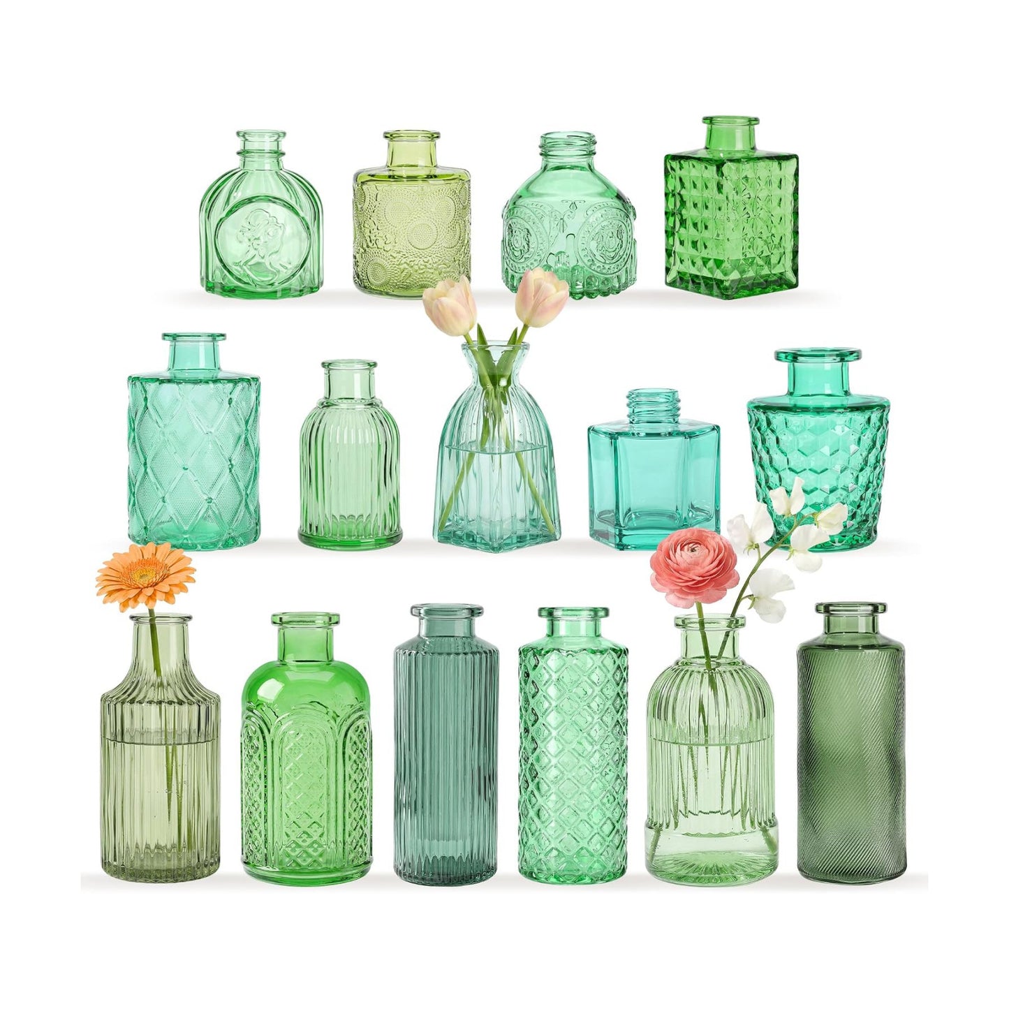 Green Glass Bud Vases / Green Series / Set of 15