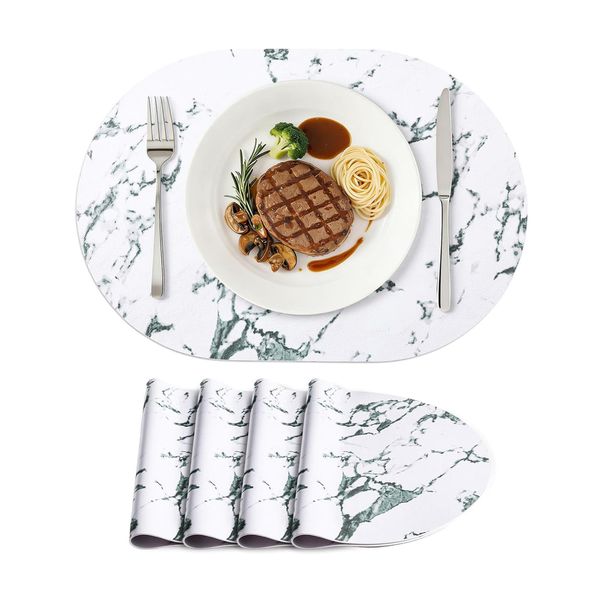 Placemats Set of 4, 11.8 x 17 Inch, Marble | Heat Resistant Oval Faux Leather Place Mats, Waterproof Wipeable