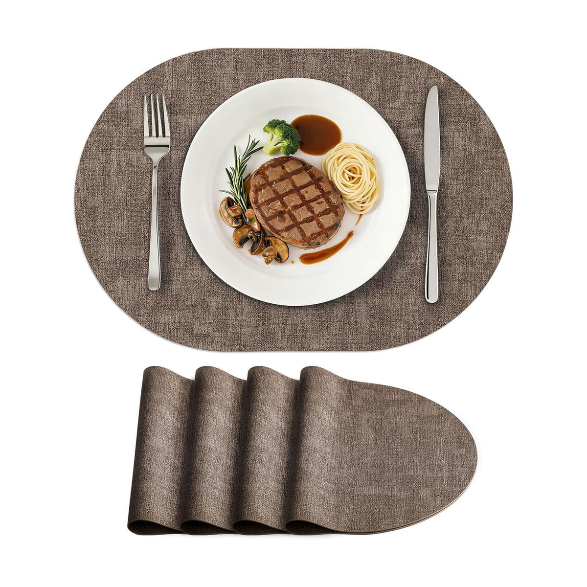 Placemats Set of 4, 11.8 x 17 Inch, Dark Brown | Heat Resistant Oval Faux Leather Place Mats, Waterproof Wipeable