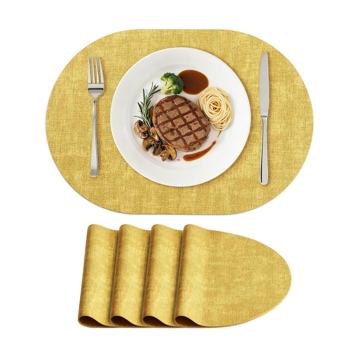 Placemats Set of 4, 11.8 x 17 Inch, Yellow | Heat Resistant Oval Faux Leather Place Mats, Waterproof Wipeable