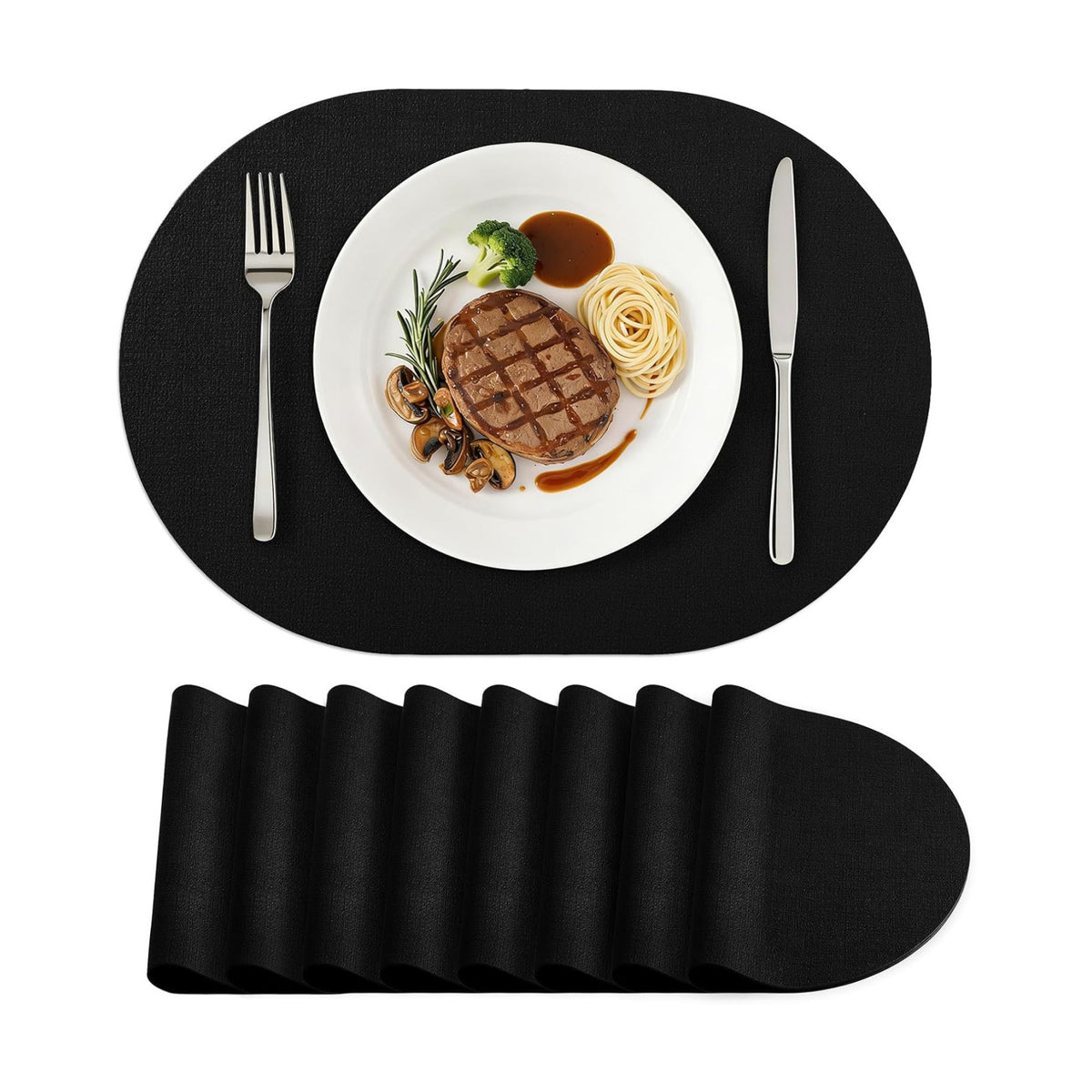 Placemats Set of 8, 11.8 x 17 Inch, Black | Heat Resistant Oval Faux Leather Place Mats, Waterproof Wipeable Reversible