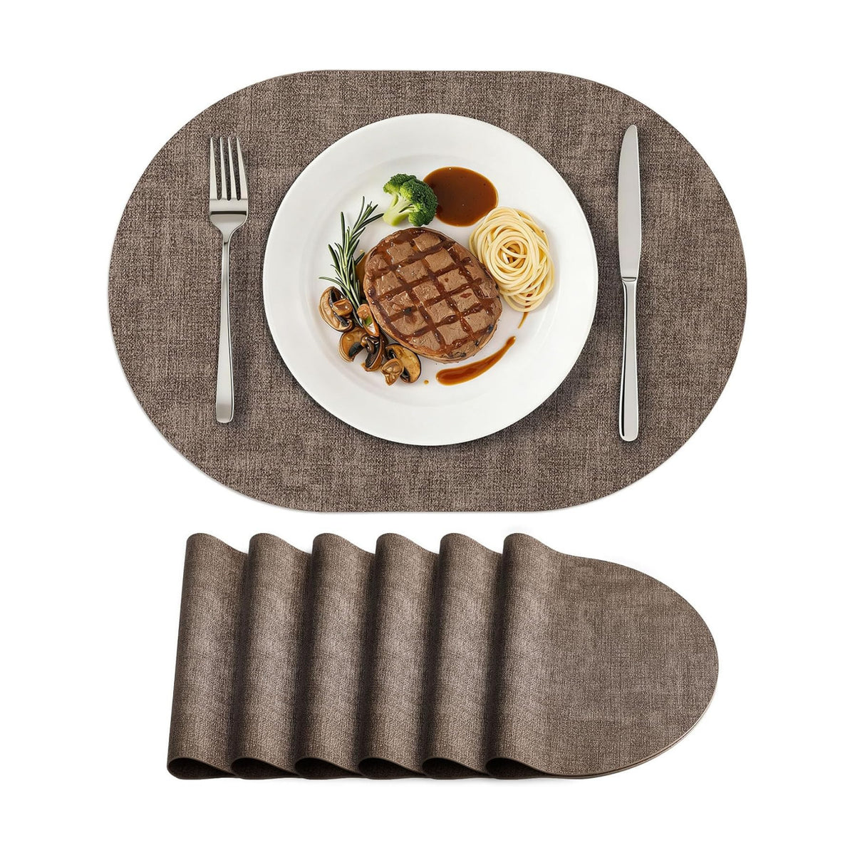 Placemats Set of 6, 11.8 x 17 Inch, Dark Brown | Heat Resistant Oval Faux Leather Place Mats, Waterproof Wipeable