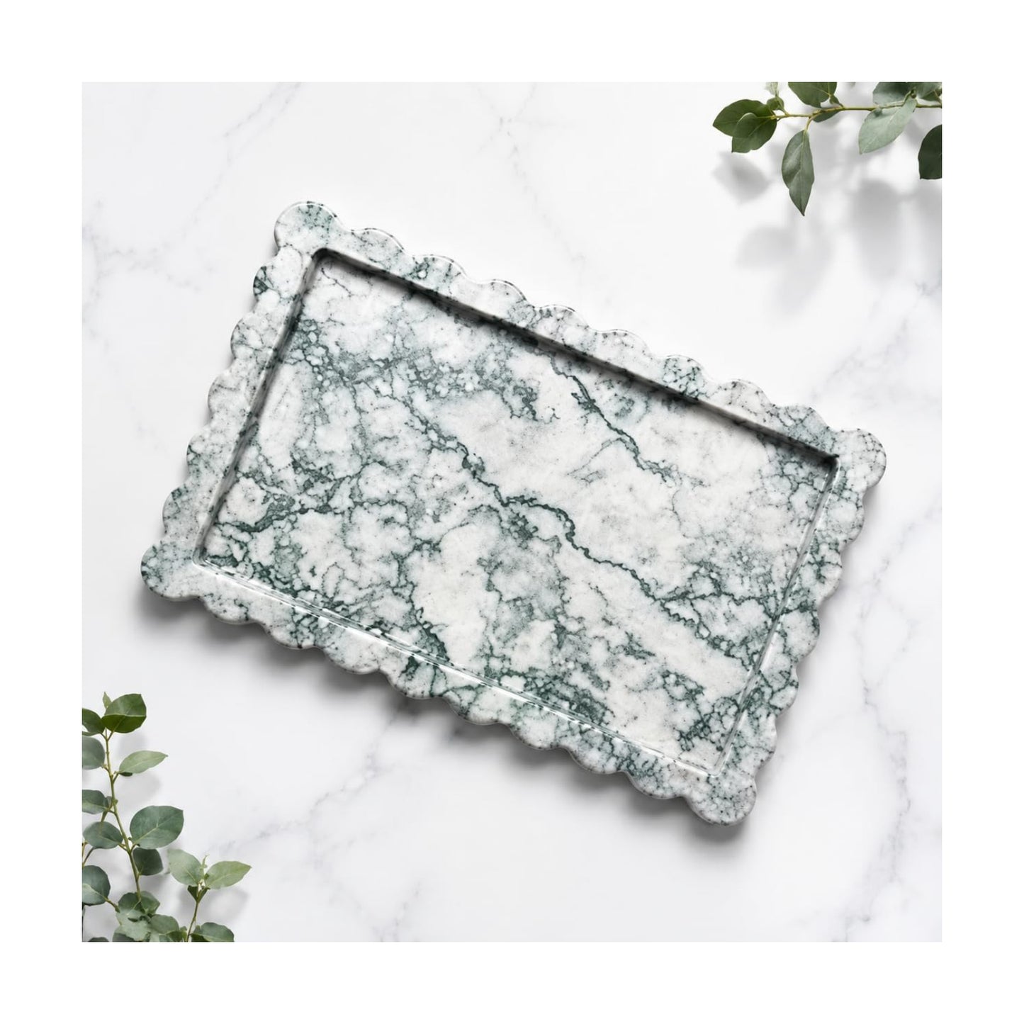 Large Genuine Scalloped Marble Tray / Cyan Green / 14 x 10