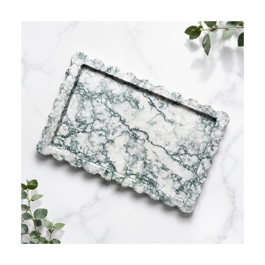 Large Genuine Scalloped Marble Tray / Cyan Green / 14 x 10