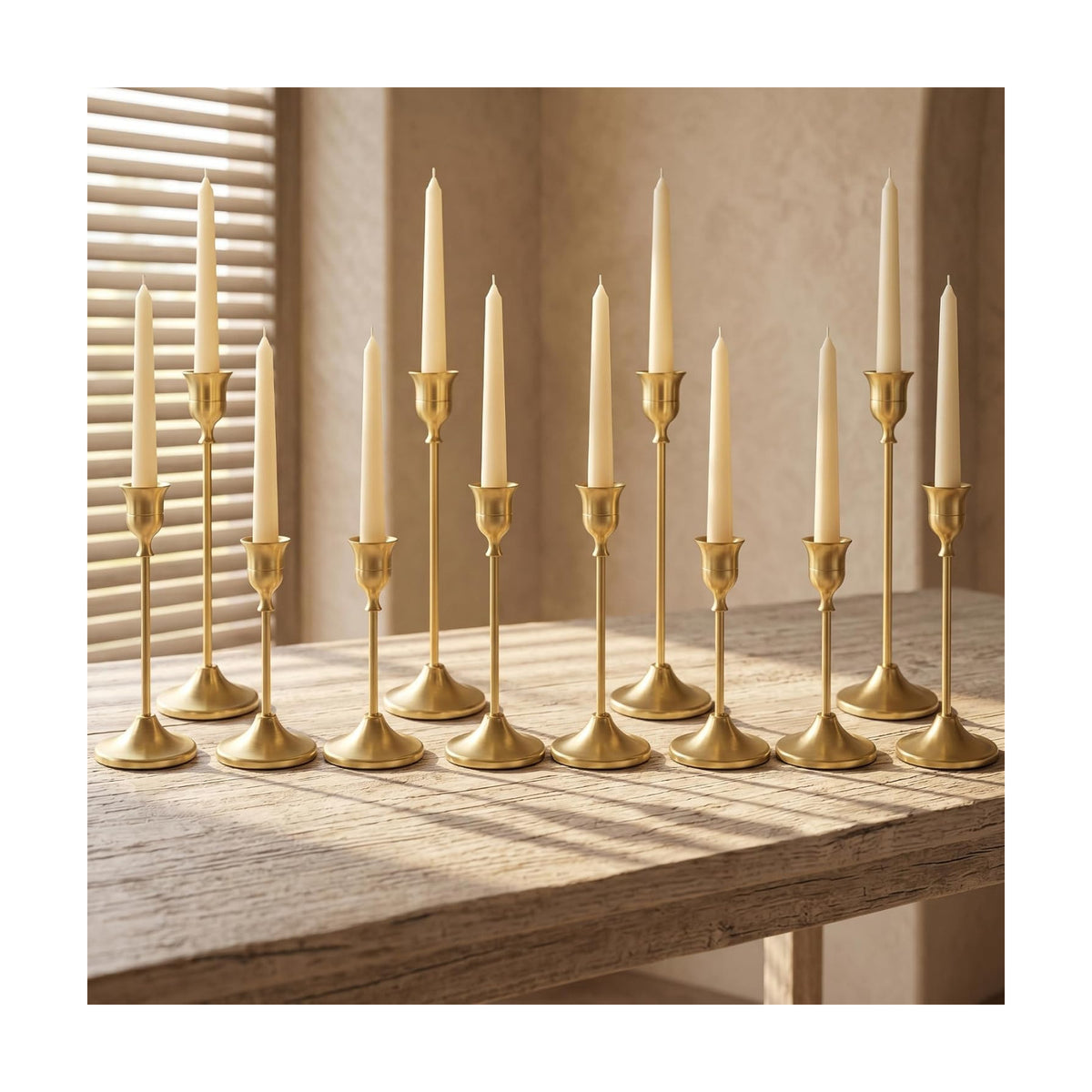 12 Pcs Gold Candlestick Holders, Vintage Metal Candle Holders Taper Candle Stands, Tall Golden Brass Tapered Candle