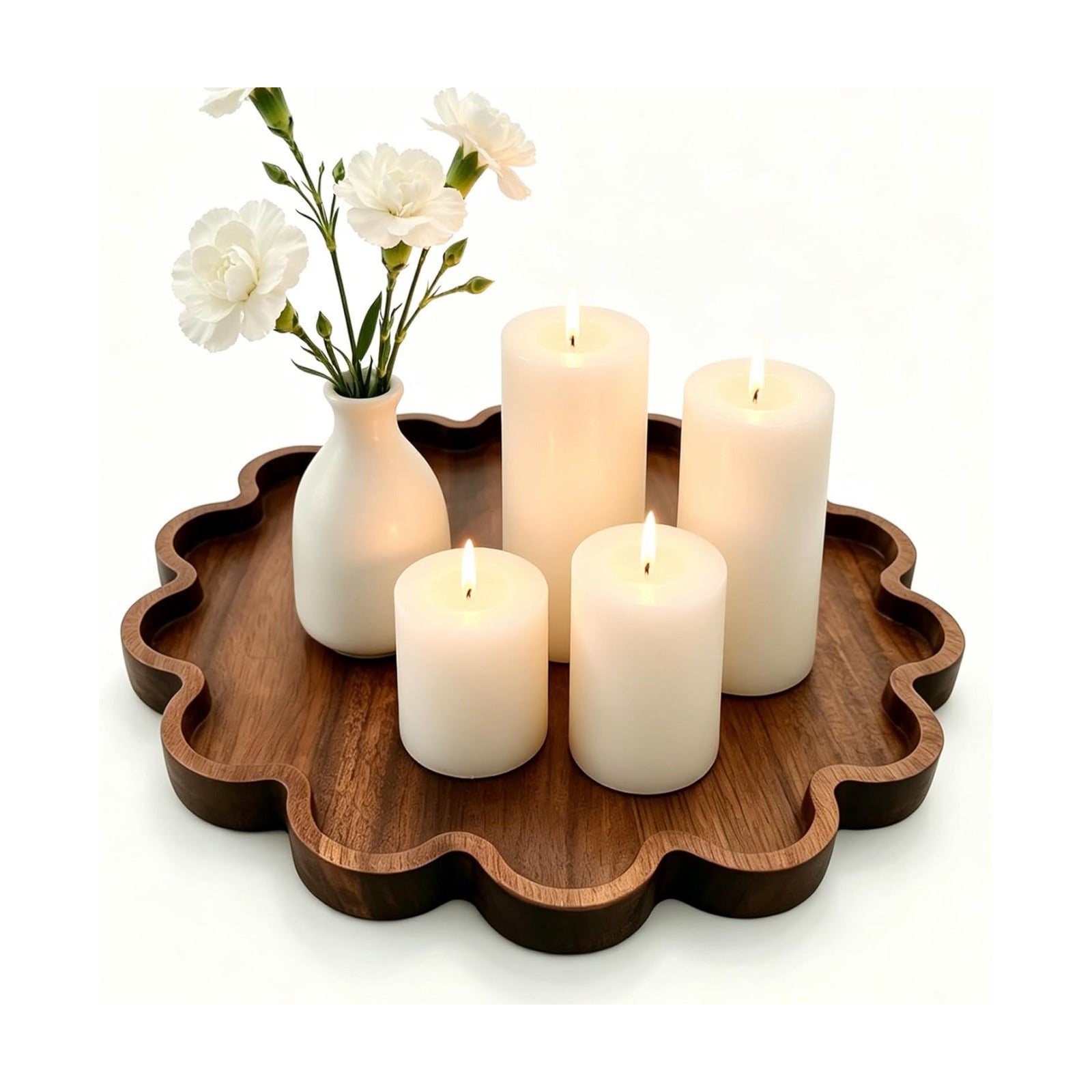 Decorative Serving Tray Wood Scalloped Serving Tray Round Wooden Display Plate / 12.6 Inch