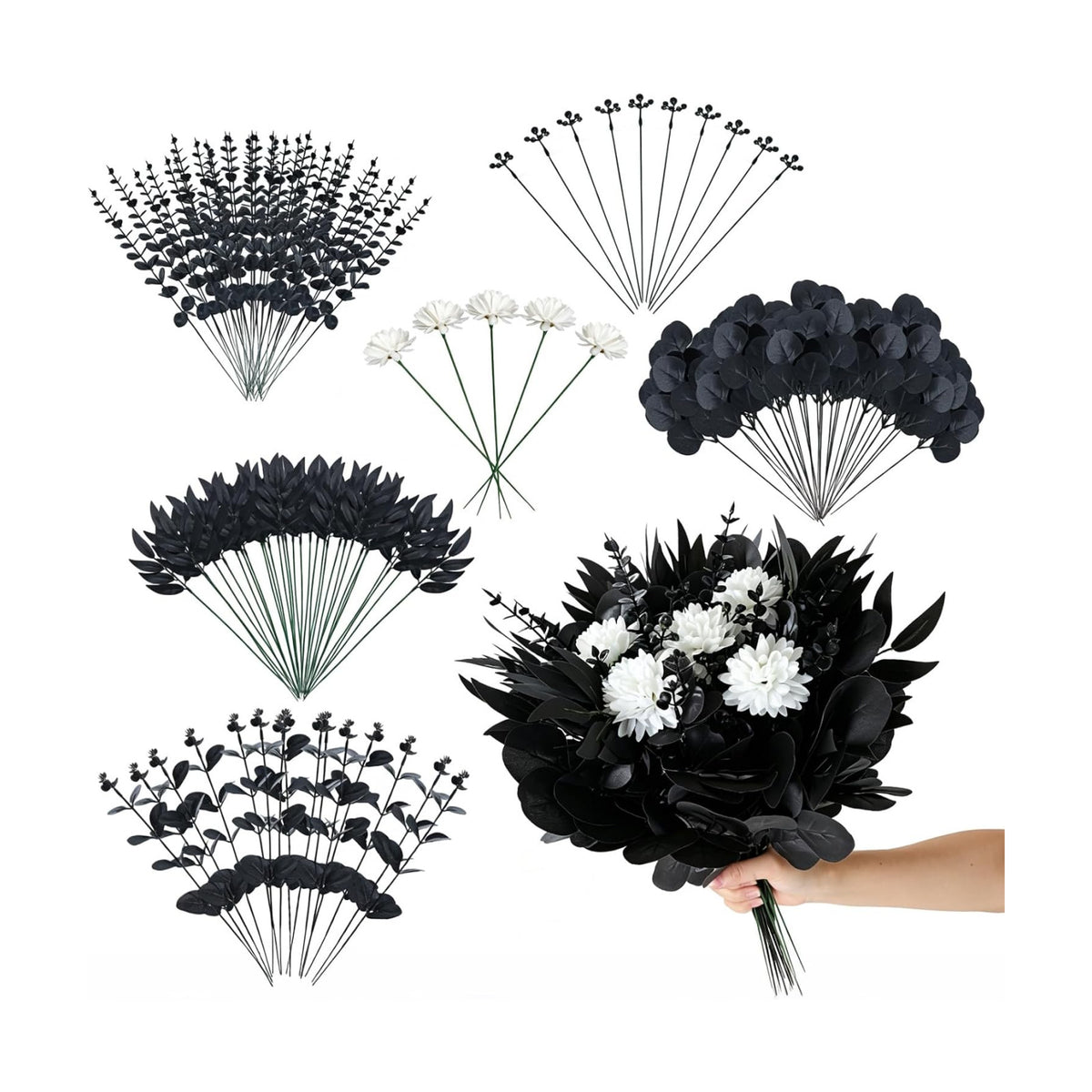 120pcs Mixed Artificial Eucalyptus Leaves Stems Bulk Black