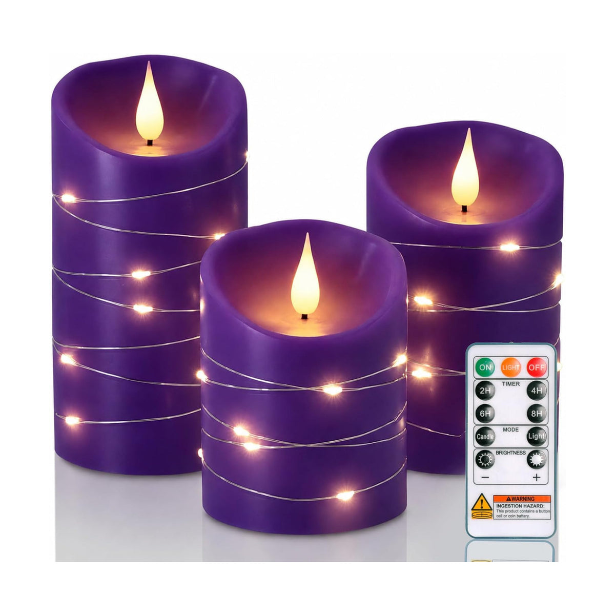 Homemory Purple Flameless Candles with String Lights, Remote Timer, 3 Pack | Flameless candles with string lights, real