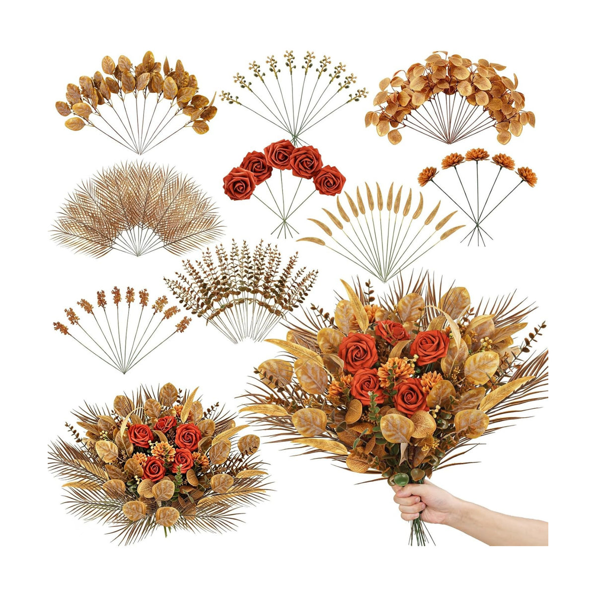 120 Pcs Mixed Fall Greenery Stems Orange Faux Eucalyptus Leaves