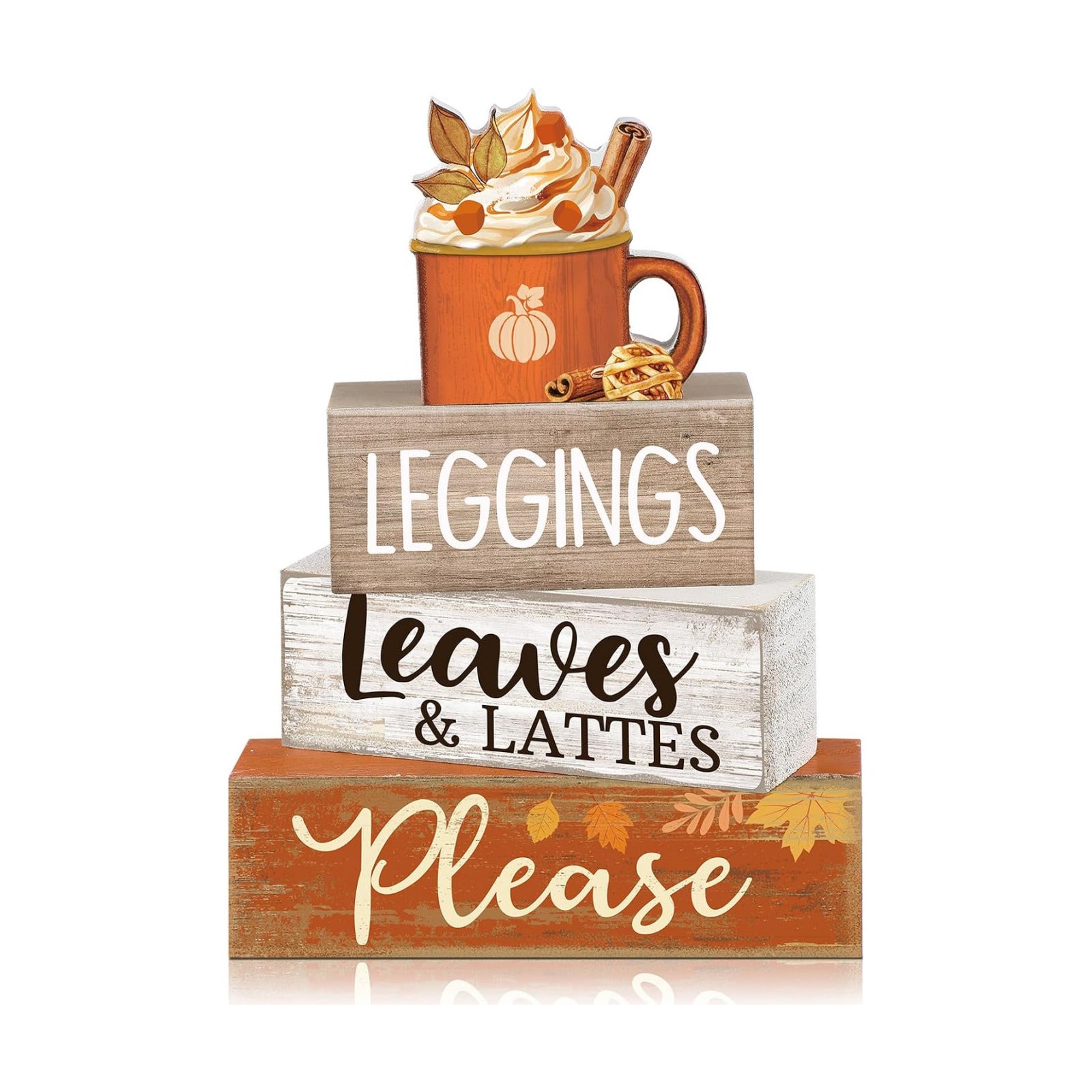 Lineshading 4 Pcs Fall Table Decor, Leaves Lattes Coffee Wooden Blocks Sign