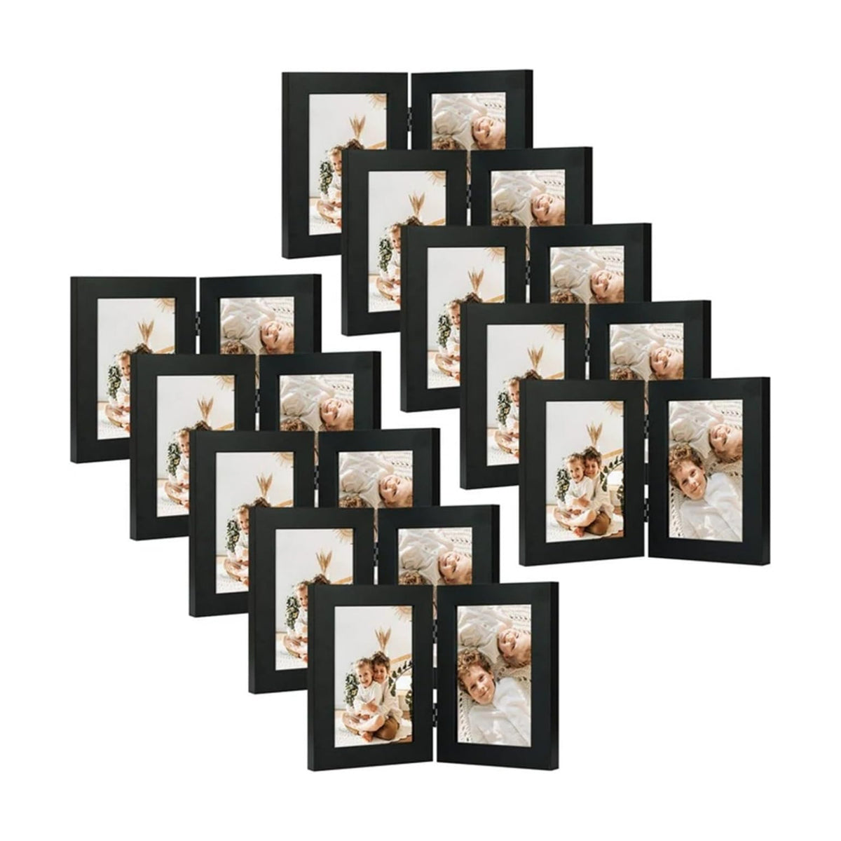 Frametory, 5x7 Double Picture Frame Black, 10 Pack | Real Glass Front, Hinged 2 Photos Collage, Side by Side Standing