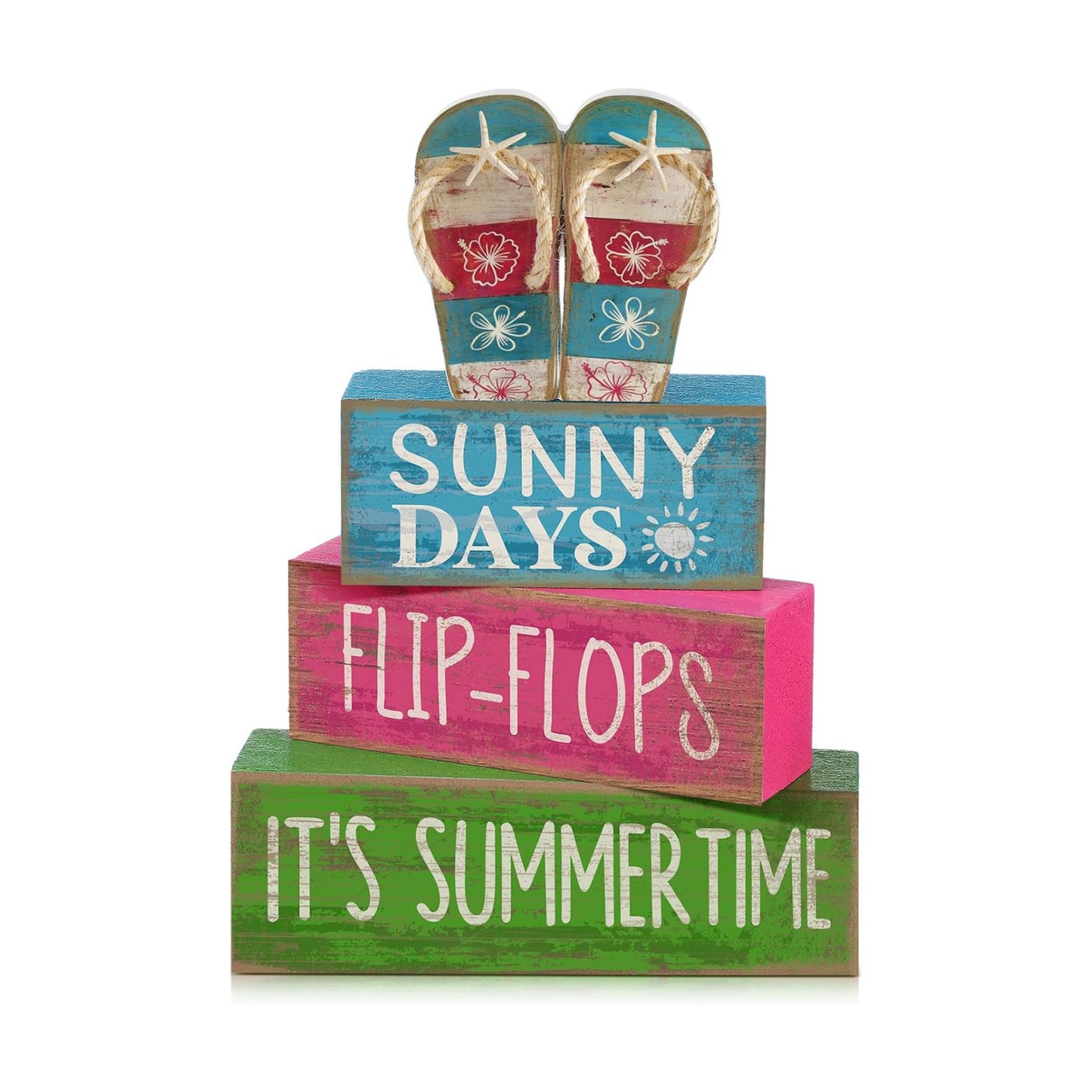 Lineshading 4 Pcs Flip Flop Beach Summer Wooden Block Signs Table Decor