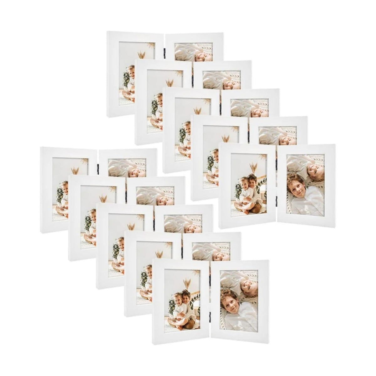 Frametory, 5x7 Double Picture Frame White, 10 Pack | Real Glass Front, Hinged 2 Photos Collage, Side by Side Standing